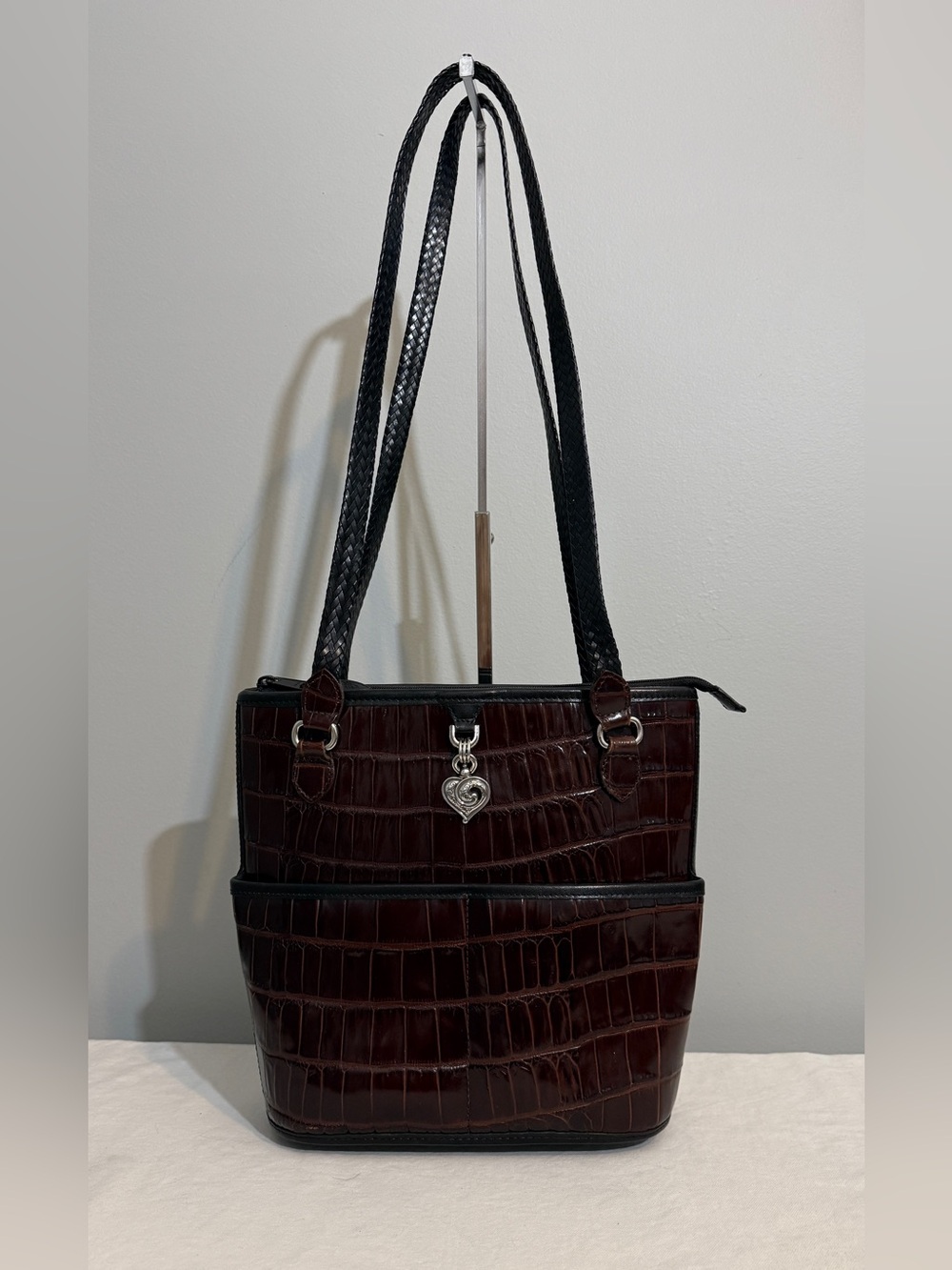 Brighton Brown Croc-Embossed Leather Shoulder Bag Black Trim Y2K